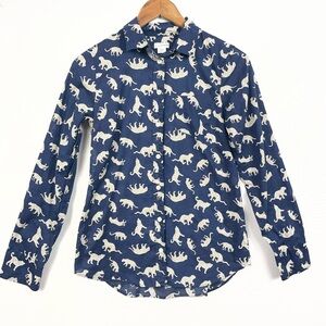 J. Crew Oxford Shirt XXS Navy Cheetah Novelty Print Careerwear Business Quirky